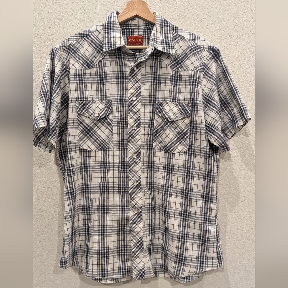 Rustler Men's Blue and White Plaid Shirt Large